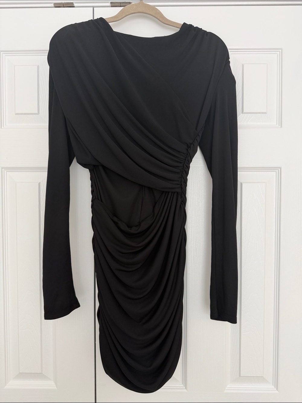 Zara Black Long-Sleeve Draped Ruched Dress
